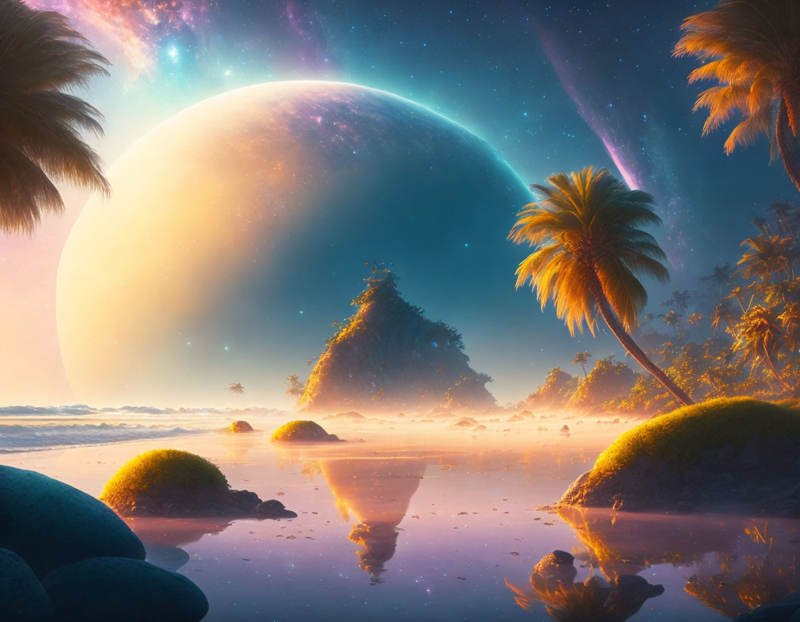 Fantastical planet rising over serene beach scene