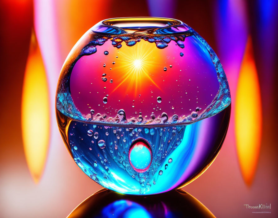 Colorful macro photo of water droplet in round vessel with light reflections