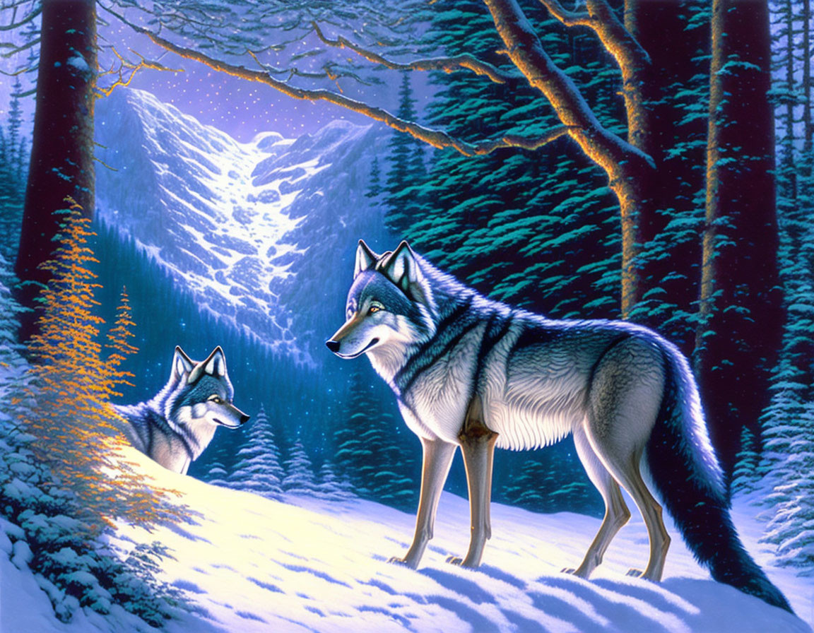 Snowy forest with moonlit wolves at night