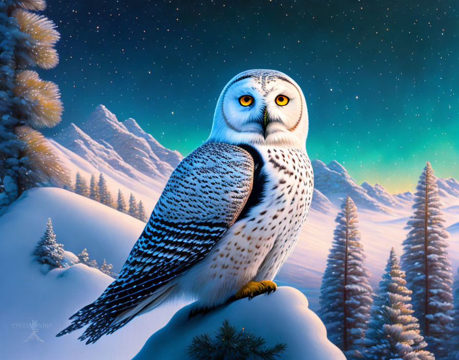 Snowy Owl Perched on Snowy Ledge with Northern Lights & Mountains