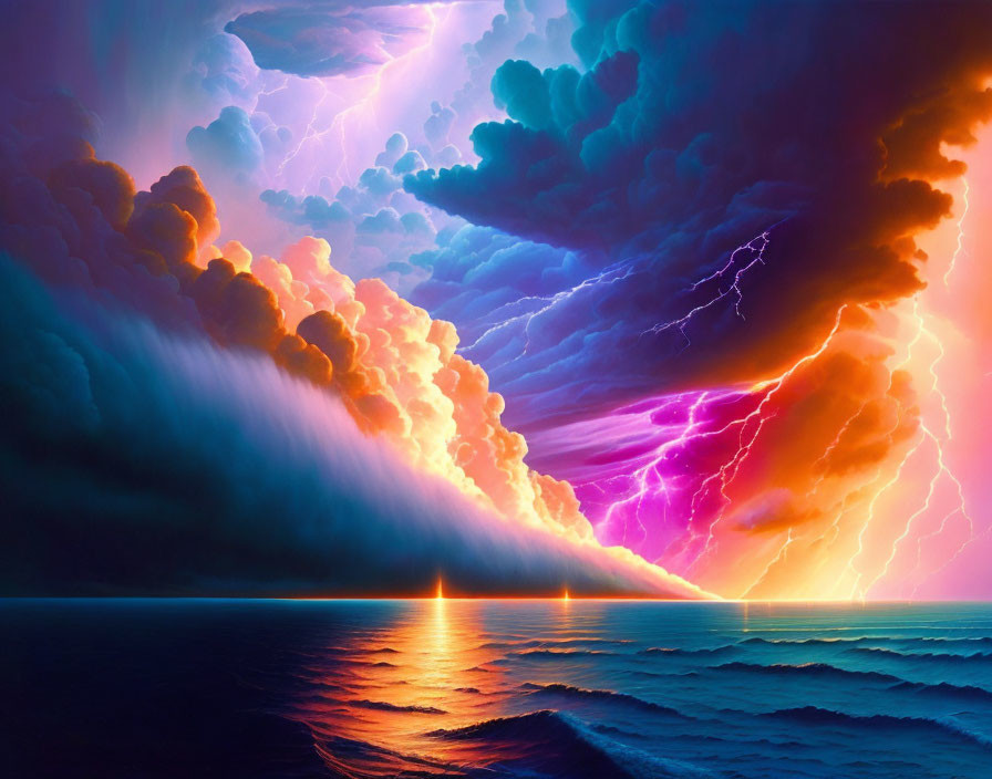 Colorful sunset with storm clouds and lightning over ocean