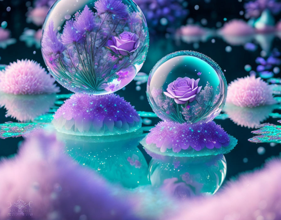 Translucent spheres with purple flowers on sea anemone-like structures in teal and pink aquatic landscape