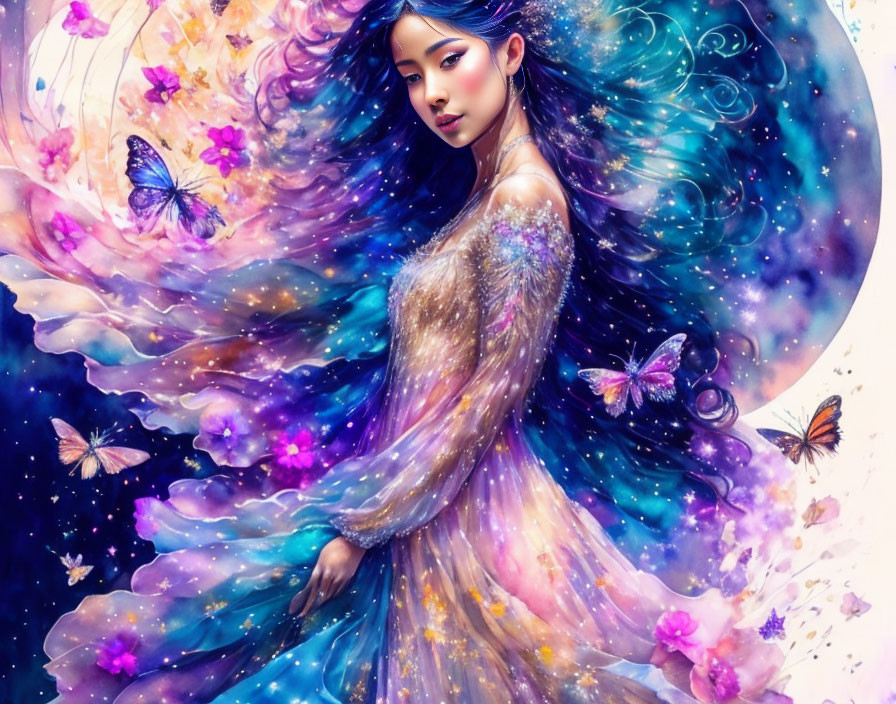 Illustration of woman with star-filled hair and cosmic dress with butterflies.