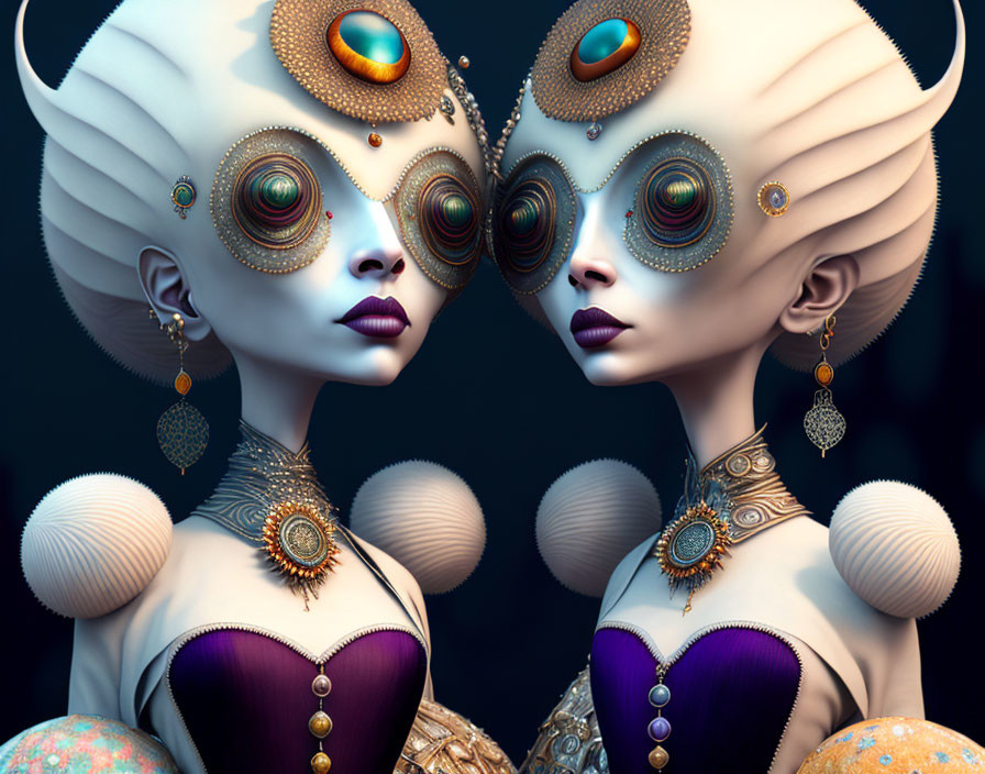 Surreal figures with ornate headpieces and vibrant eyes on dark background