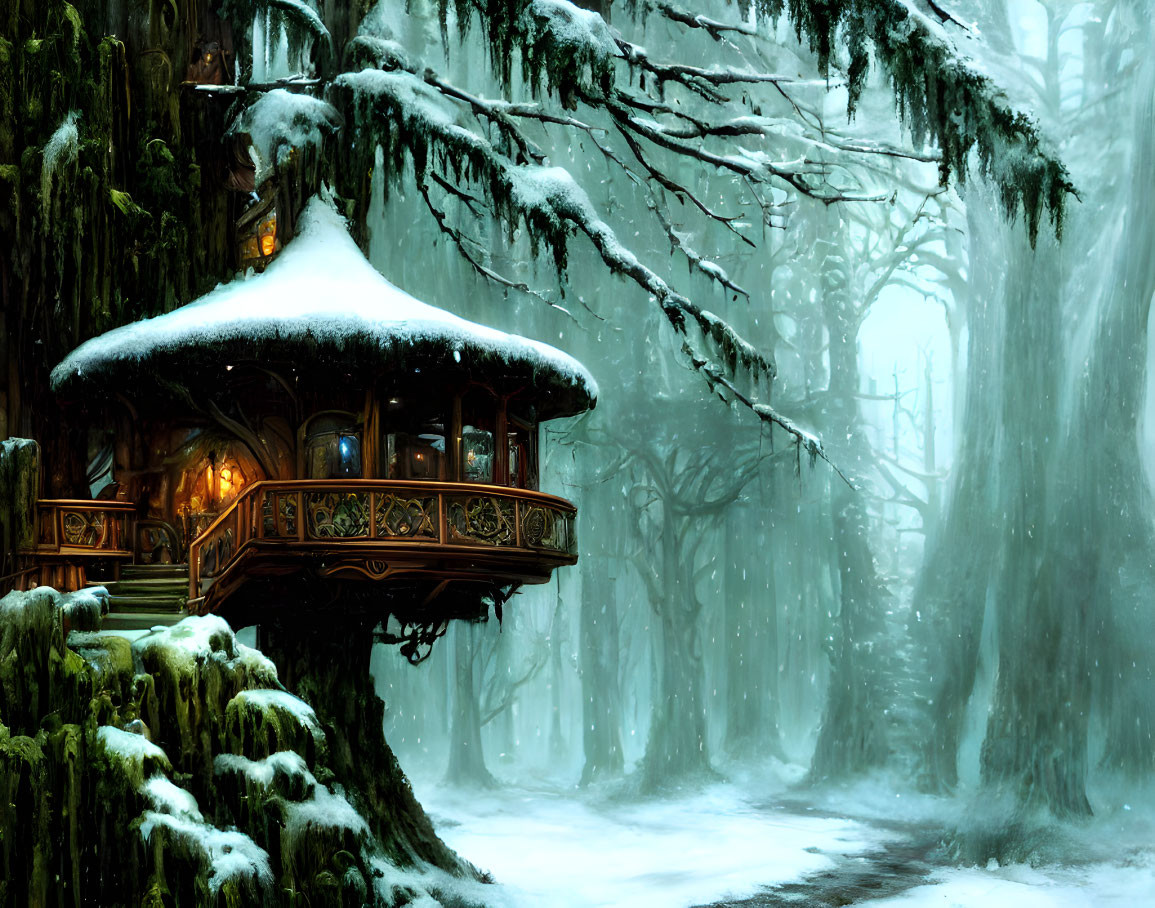 Snow-covered winter forest treehouse with glowing lights