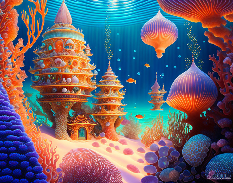 Colorful coral towers in underwater scene with fish and marine plants