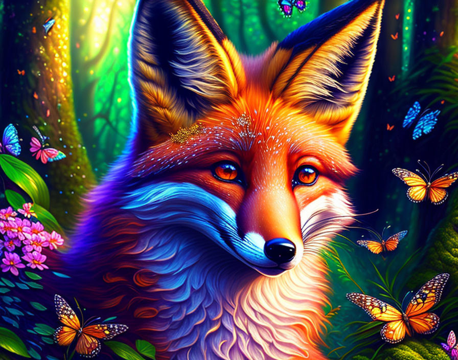 Colorful Fox in Enchanted Forest with Glowing Butterflies