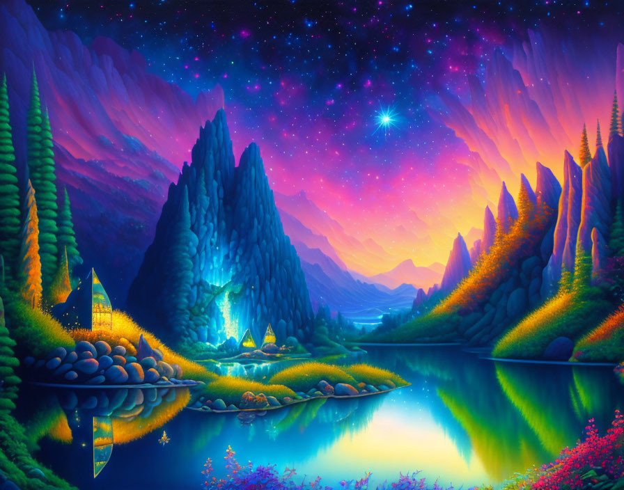 Colorful Fantasy Landscape with Starry Sky, Mountains, Lake, and Magical Structure