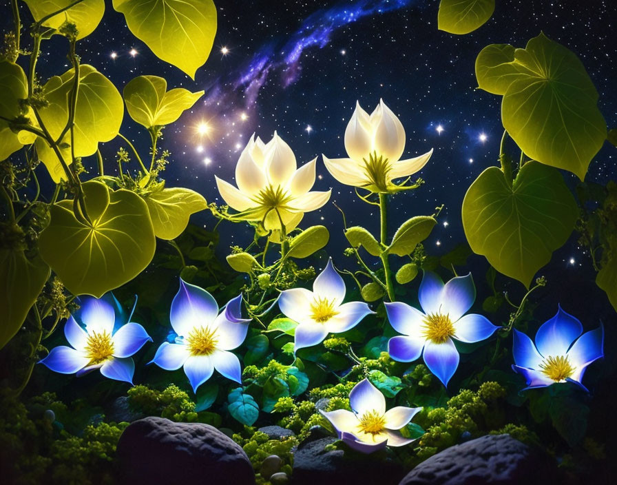 Blue and White Lotus Flowers on Night Sky Background with Stars and Nebula