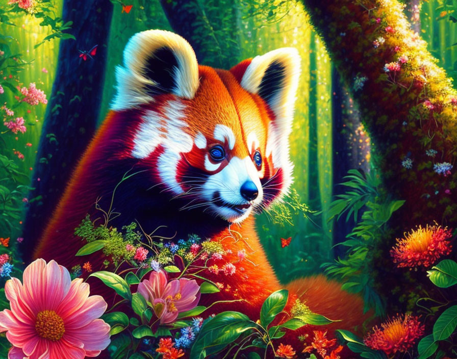 Detailed Red Panda Illustration in Lush Greenery