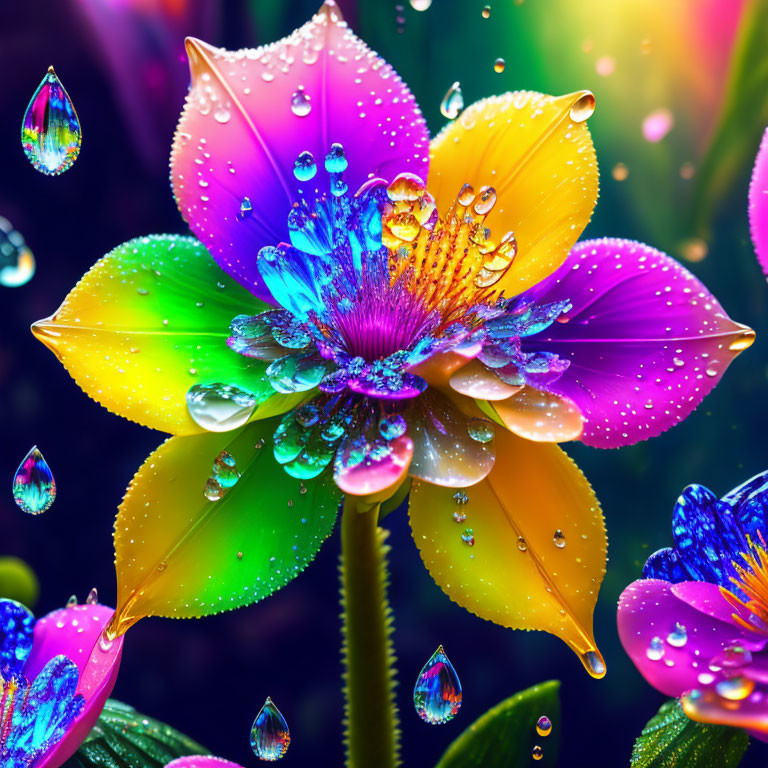 Colorful Dewy Flower Against Dark Bokeh Background