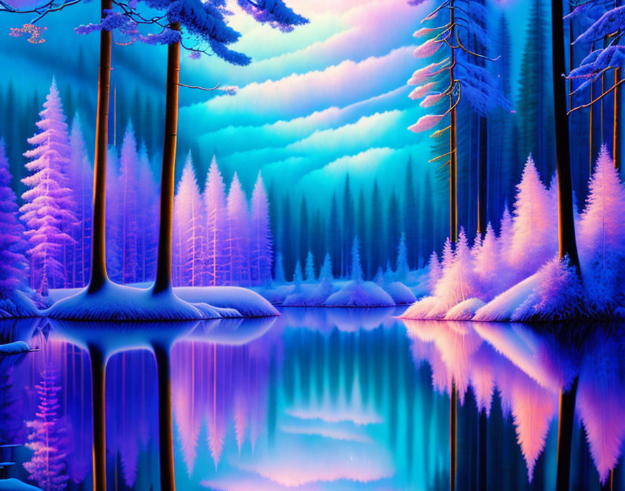 Winter landscape with snow-covered trees, reflective lake, and colorful sky