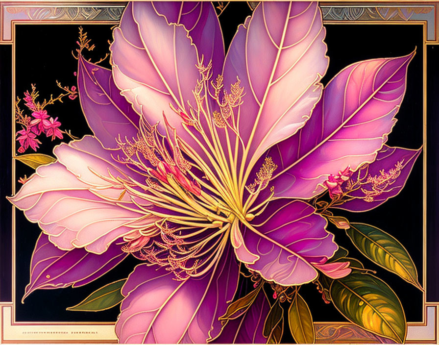 Detailed pink flower illustration on black background with gold borders