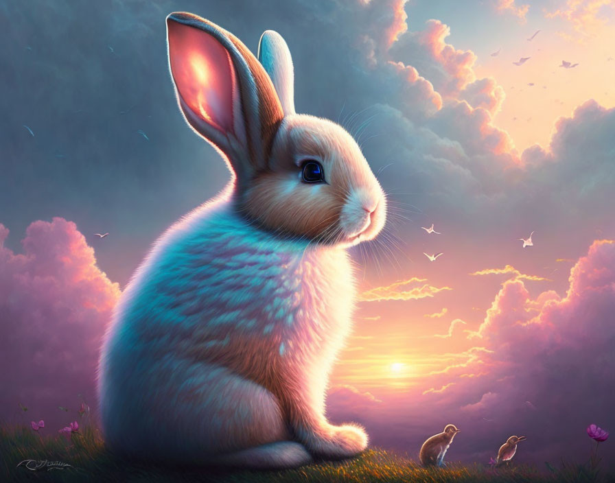 Colorful Oversized Rabbit in Dreamlike Landscape with Sunset Sky