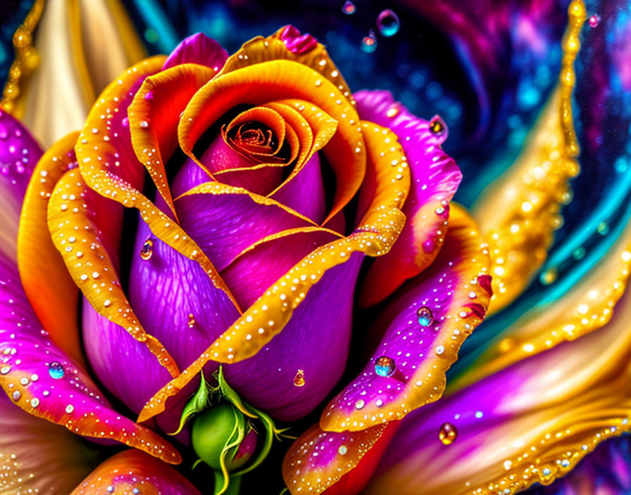 Vibrant purple and orange rose with water droplets on multicolored backdrop