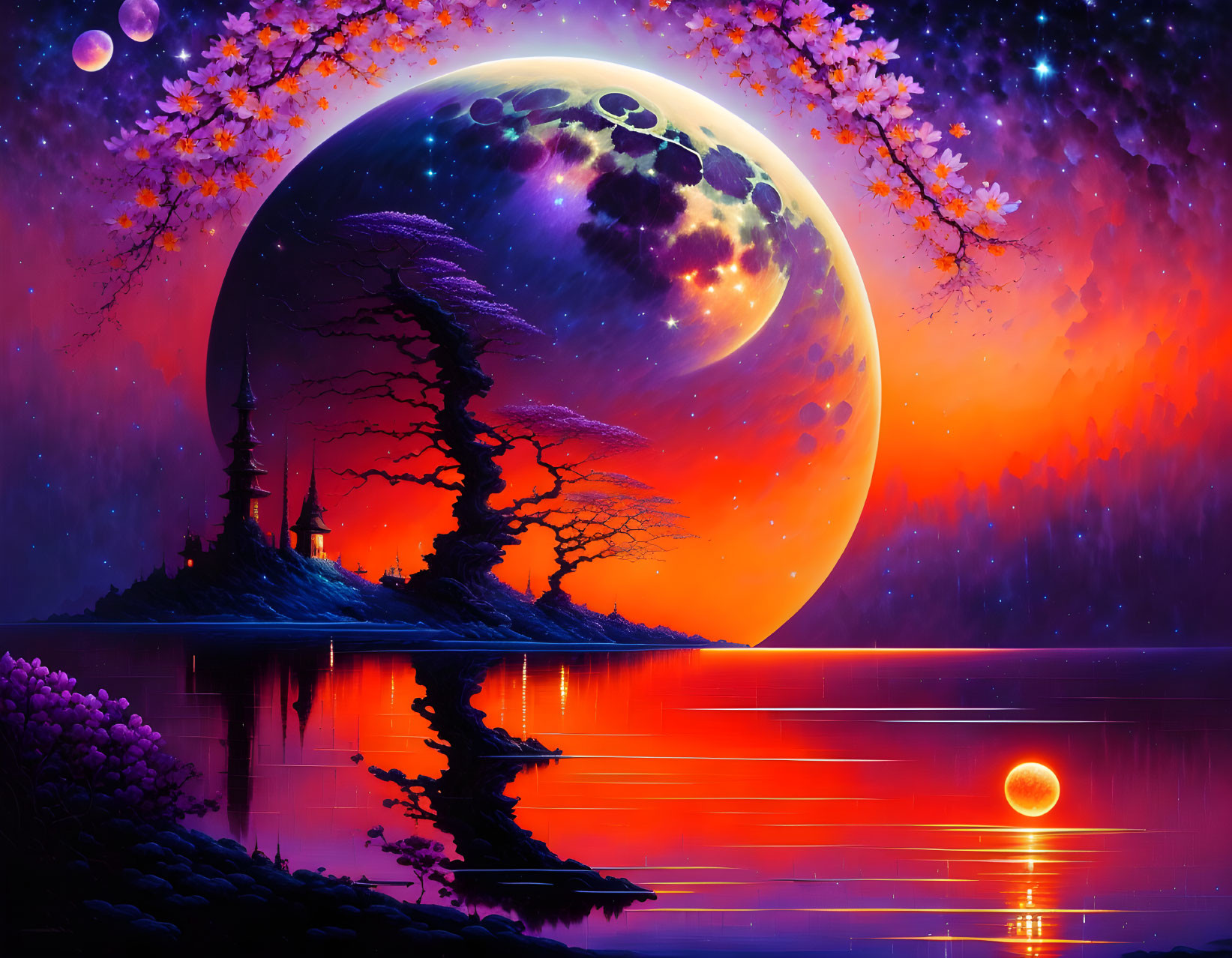 Fantasy landscape digital artwork: moon, cherry blossoms, lake, trees, temple, starry