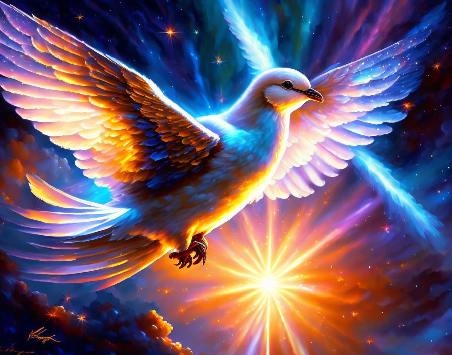 Colorful bird with radiant wings soaring in vibrant starry sky