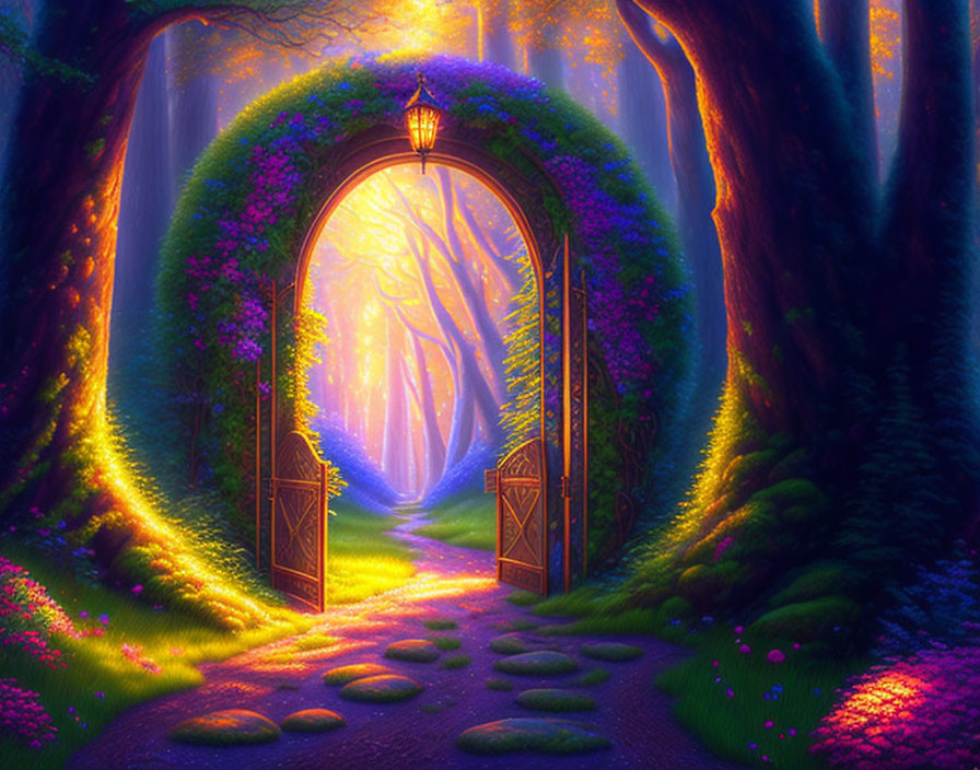 Ornate gate opening to sunlit mystical forest path with purple flowers and lantern