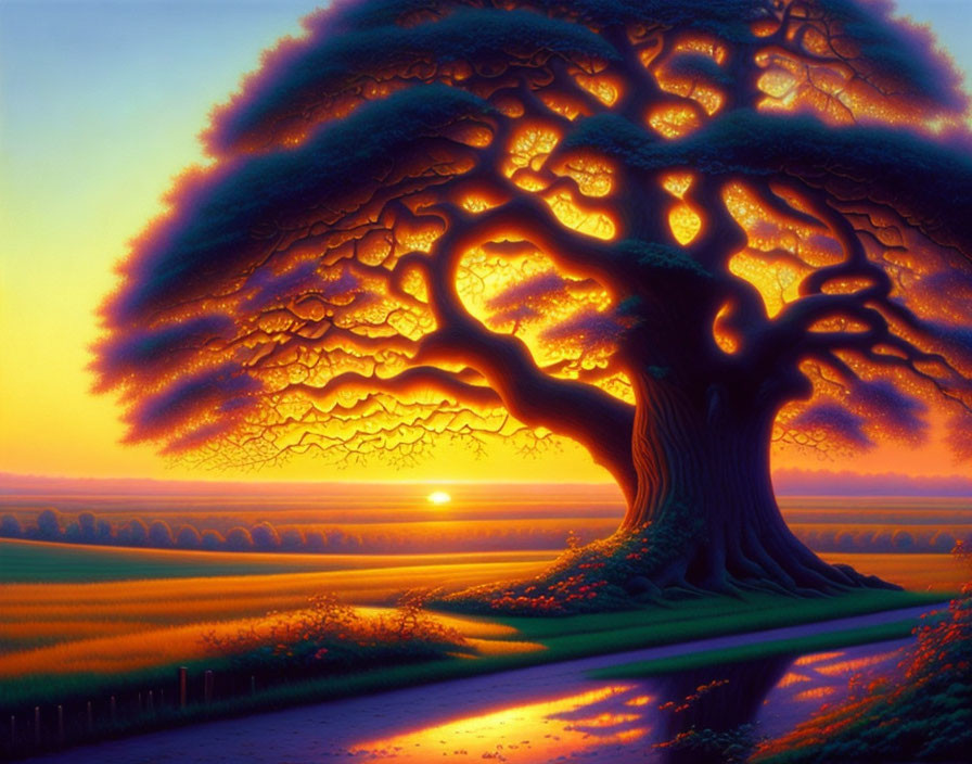 Majestic tree painting over serene sunset meadow