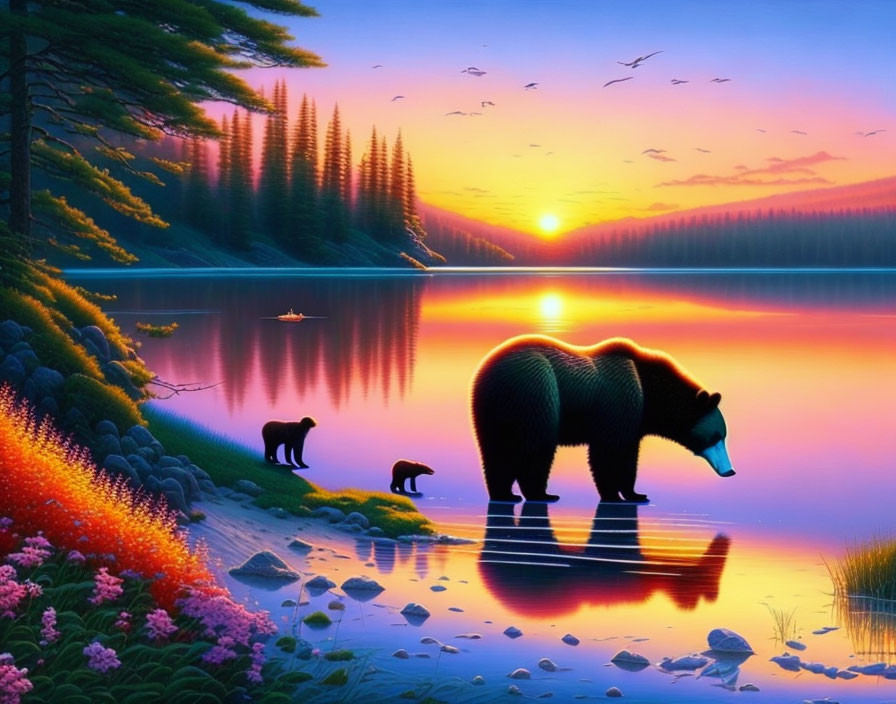 Colorful sunset scene with bears, pine trees, flowers, and birds.