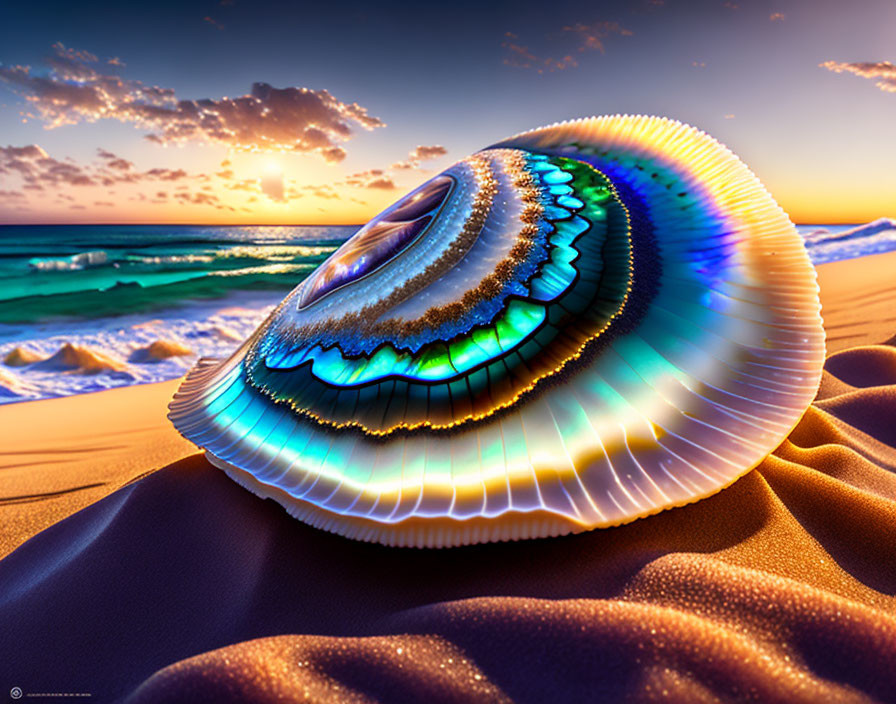 Iridescent Shell on Sandy Beach at Sunset