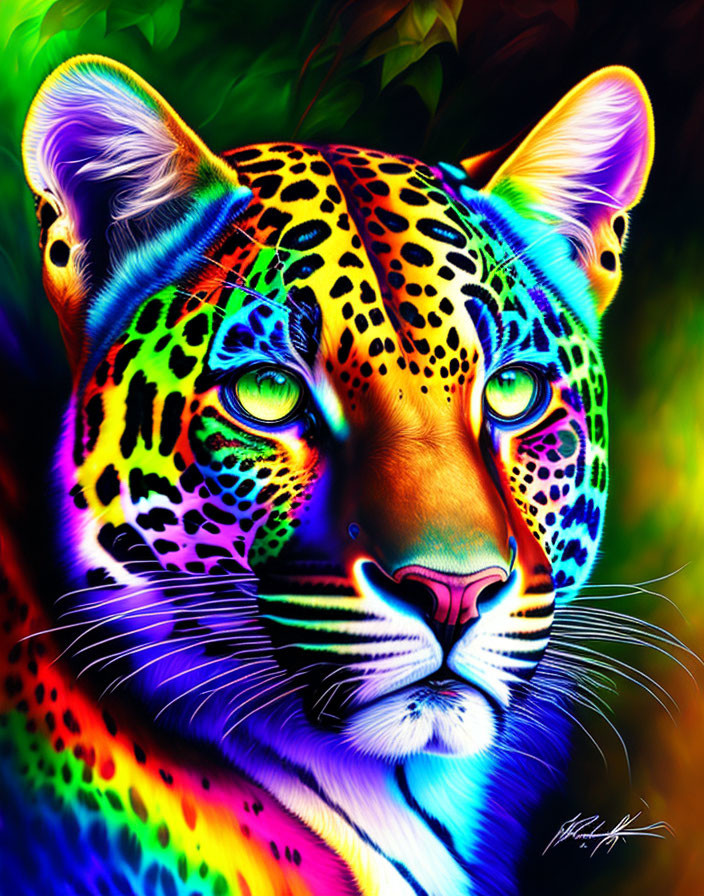 Colorful Leopard Digital Art with Intense Eyes and Detailed Fur Texture