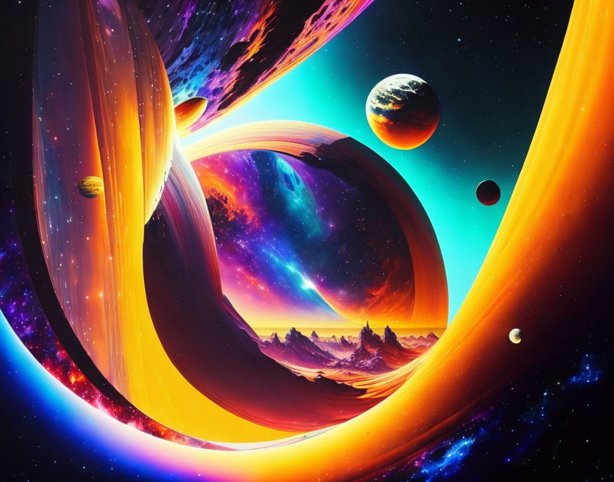 Colorful Abstract Cosmic Landscape with Planets and Stars