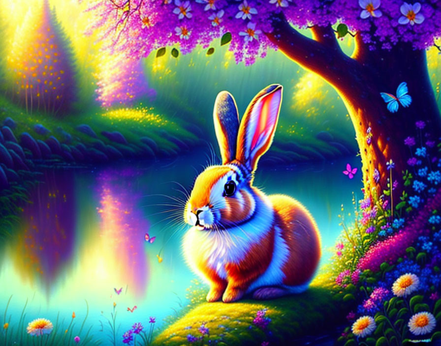 Colorful digital artwork: Rabbit by river with lush foliage, blooming trees, butterflies