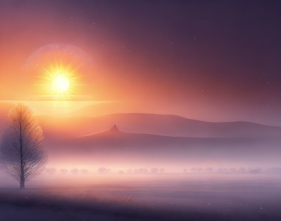 Tranquil sunrise landscape with solitary tree, misty row of trees, rolling hills, and bright