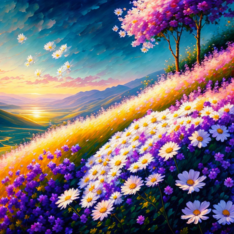 Floral hillside painting with purple and white flowers at sunset