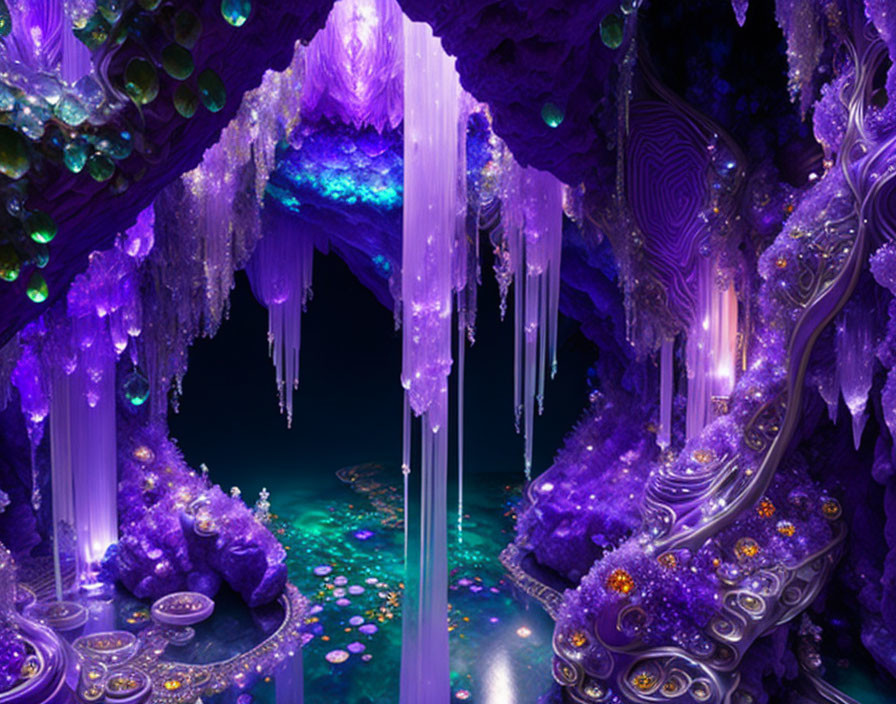 Mystical Cave with Purple Crystals and Turquoise Pool