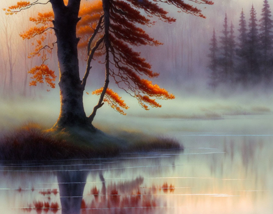 Tranquil landscape with orange tree by misty lake