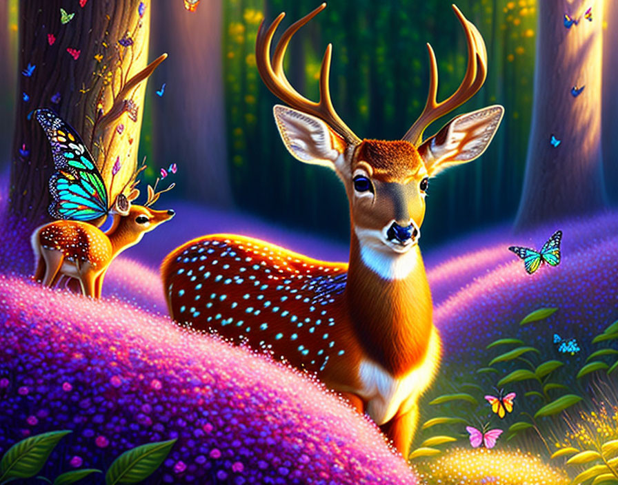 Colorful Deer and Fawn Digital Illustration in Magical Forest