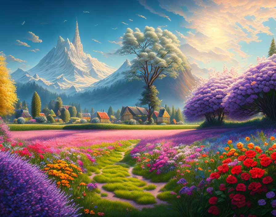 Fantasy landscape with snow-capped mountain, meadows, flora, and cottages