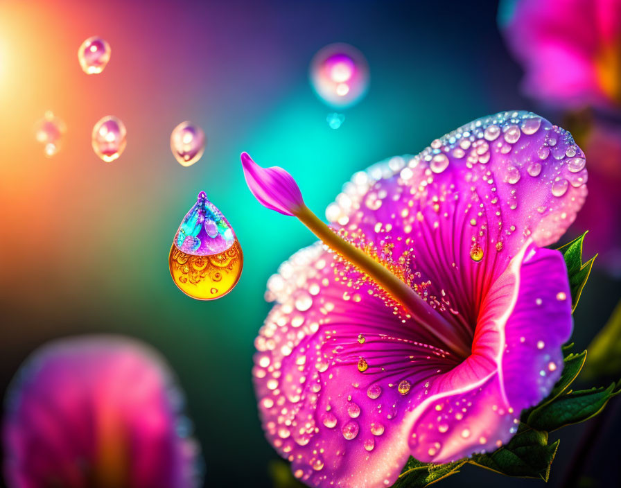 Vibrant Pink Flower with Water Droplets on Colorful Bokeh Background