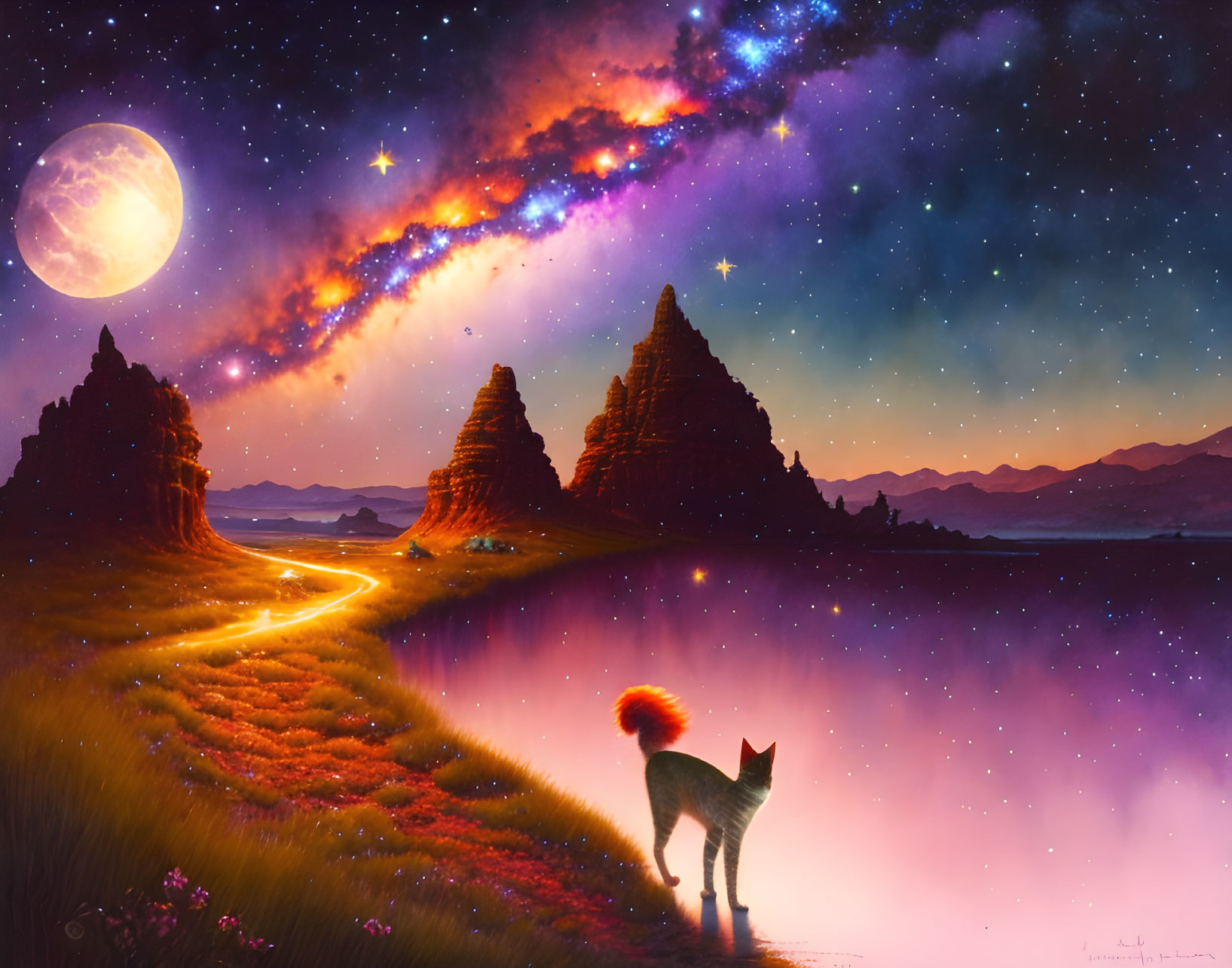 Vibrant twilight landscape with wolf, celestial bodies, and rock formations