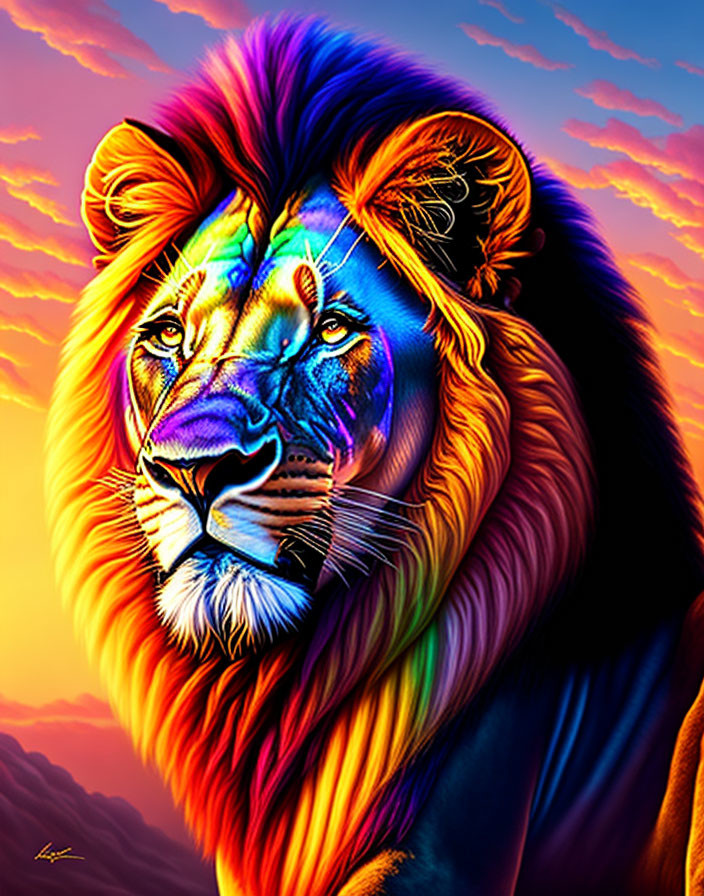 Colorful Lion Digital Painting with Rainbow Mane in Sunset Sky