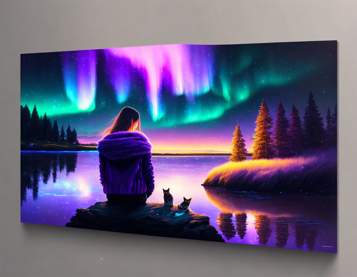 Person and Two Cats Admiring Aurora over Lake and Forest