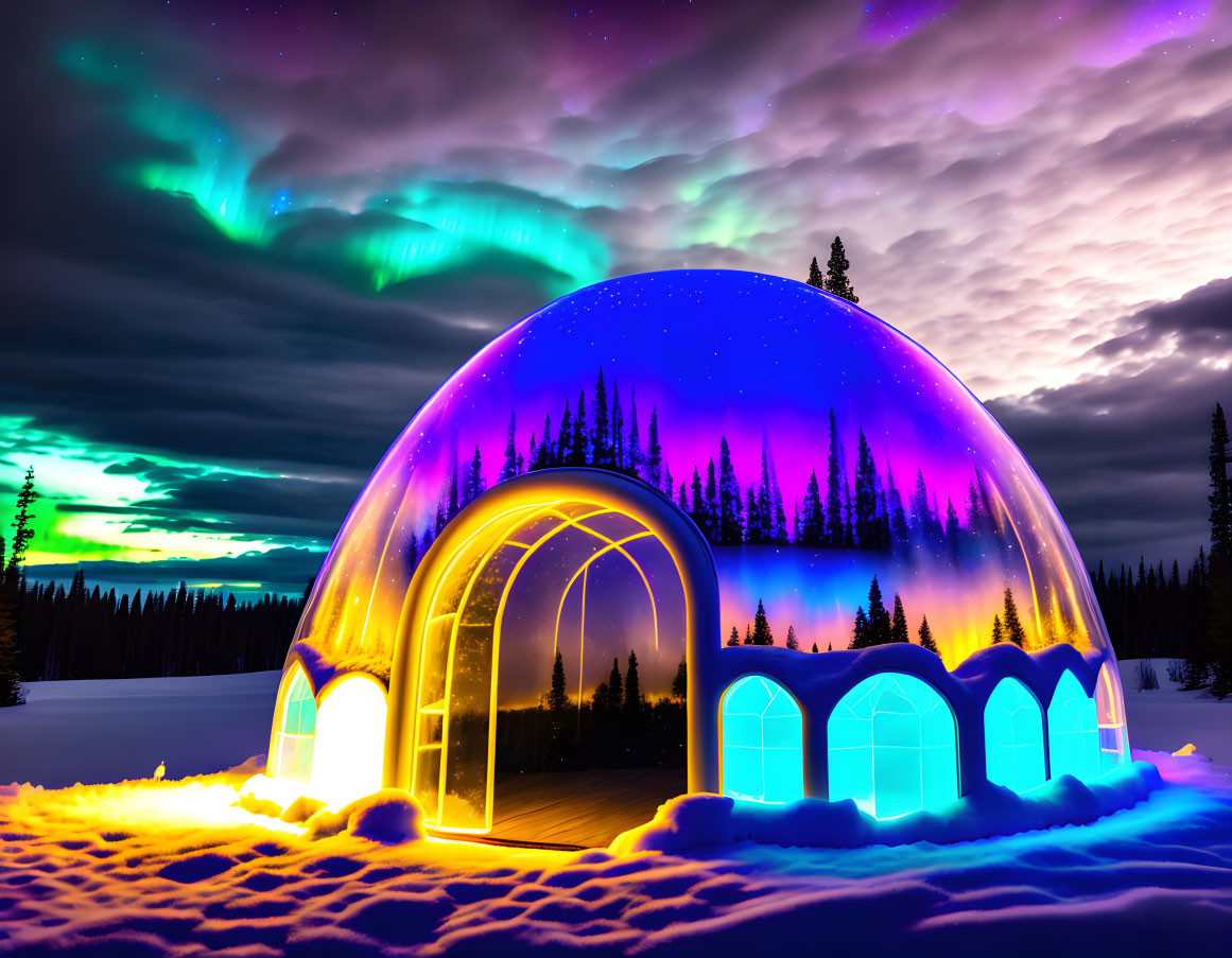 Illuminated igloo under vibrant aurora borealis