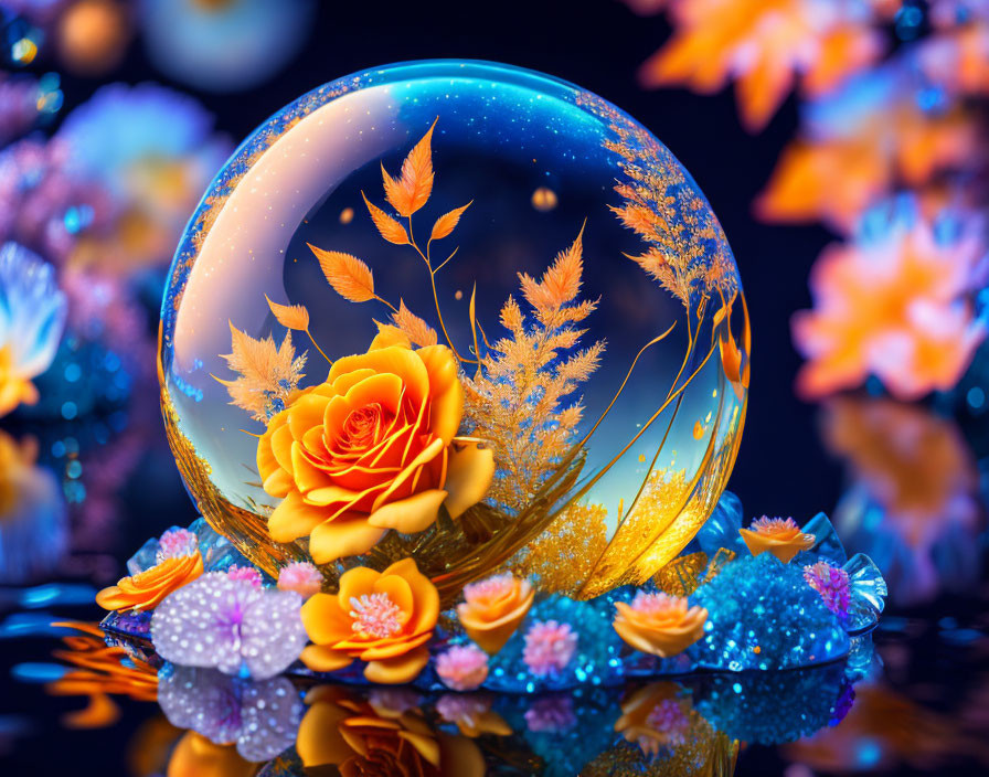 Colorful Crystal Ball with Golden Leaves and Rose on Dark Blue Background