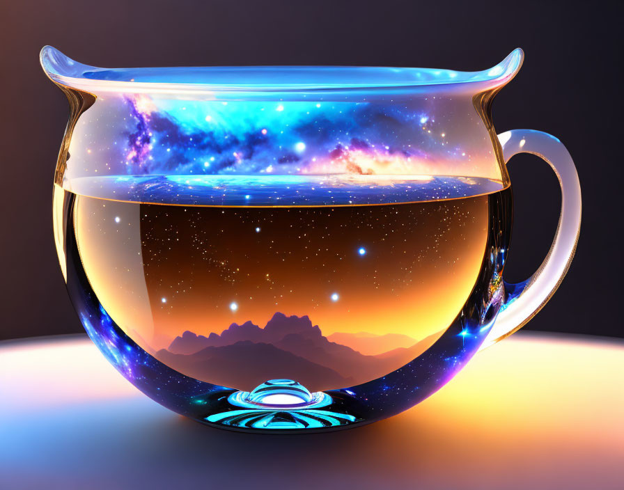 Translucent Tea Cup with Cosmic Galaxy and Mountain Sunset