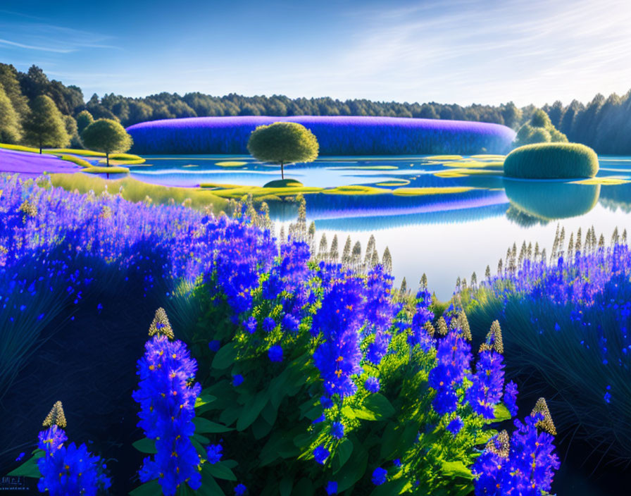 Tranquil Lake Scene with Vibrant Blue Flowers and Lush Green Hill