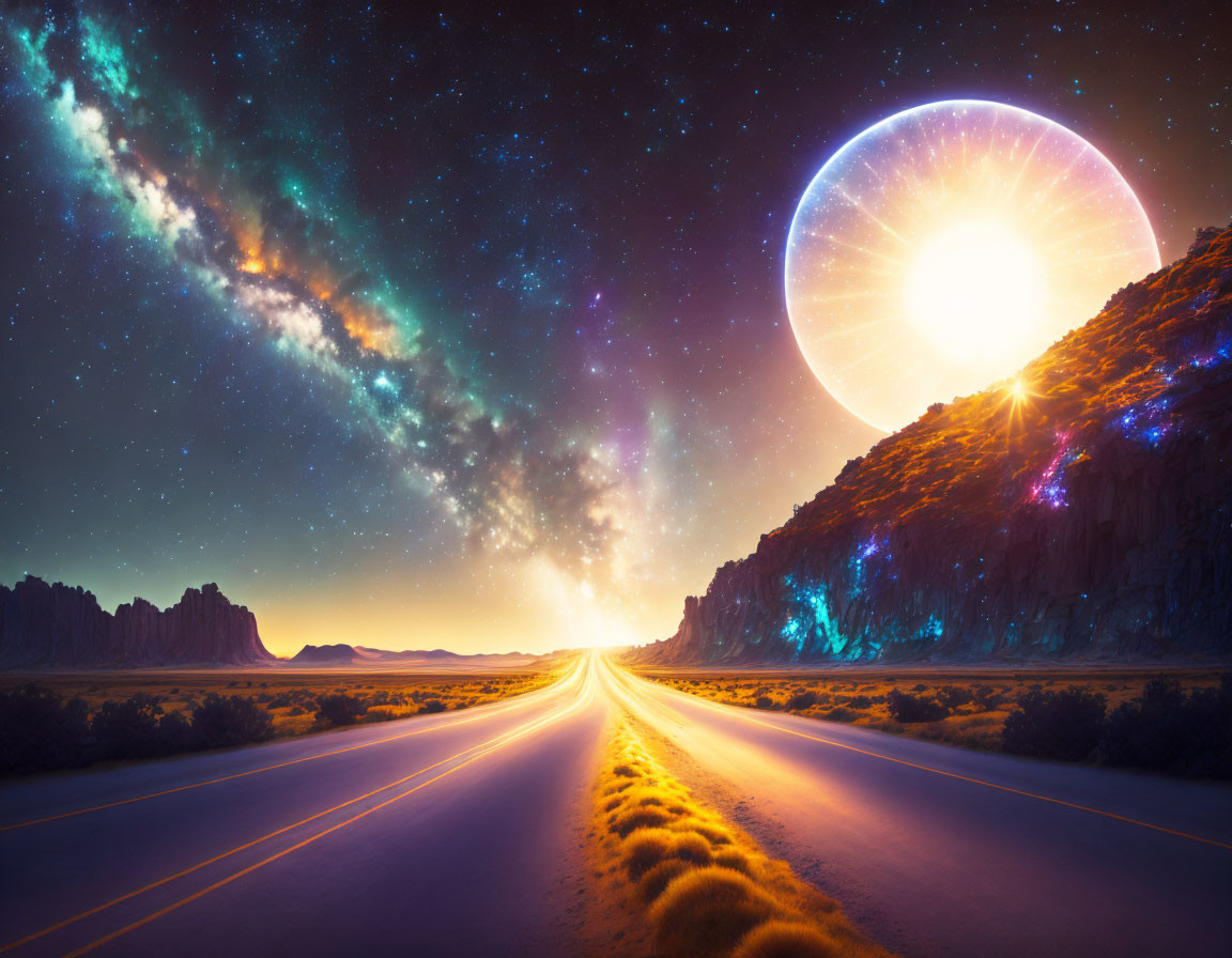 Surreal landscape with starry sky, Milky Way, and luminous celestial body.