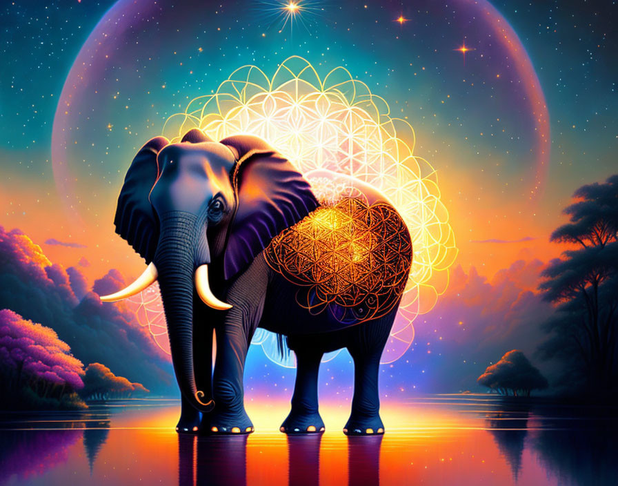 Colorful Elephant Illustration by Water Body with Starry Sky