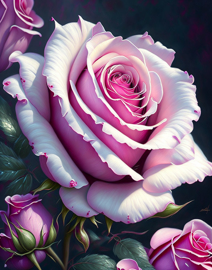 Detailed pink rose with water droplets on dark background