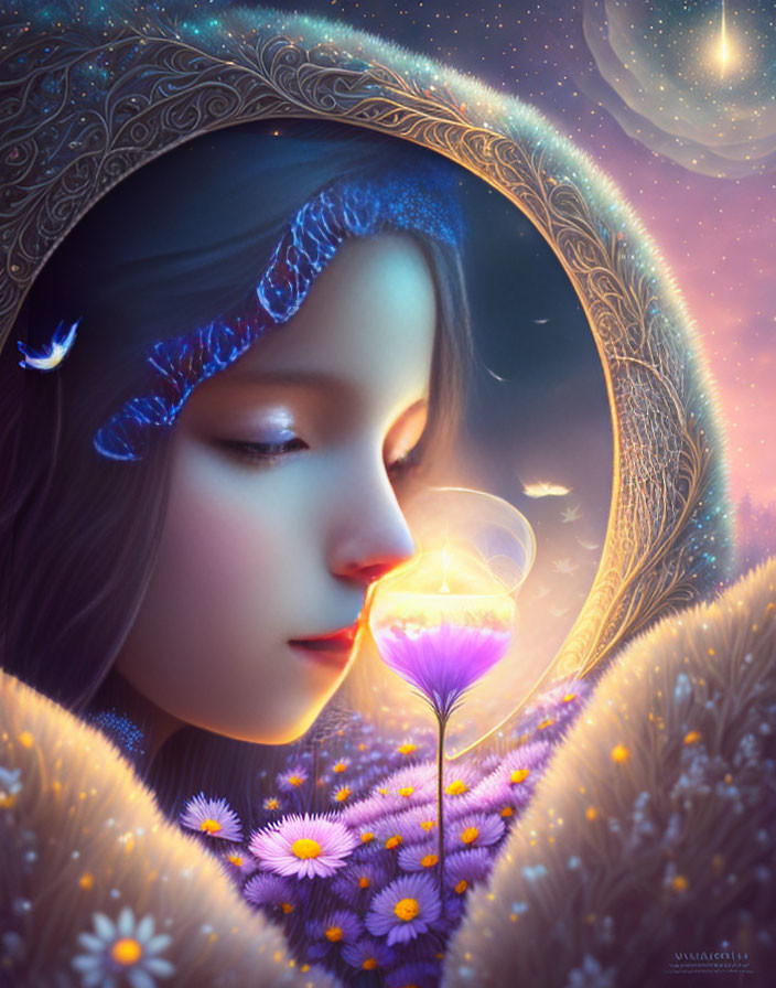 Young girl with glowing flower in night floral landscape & crescent-moon headpiece