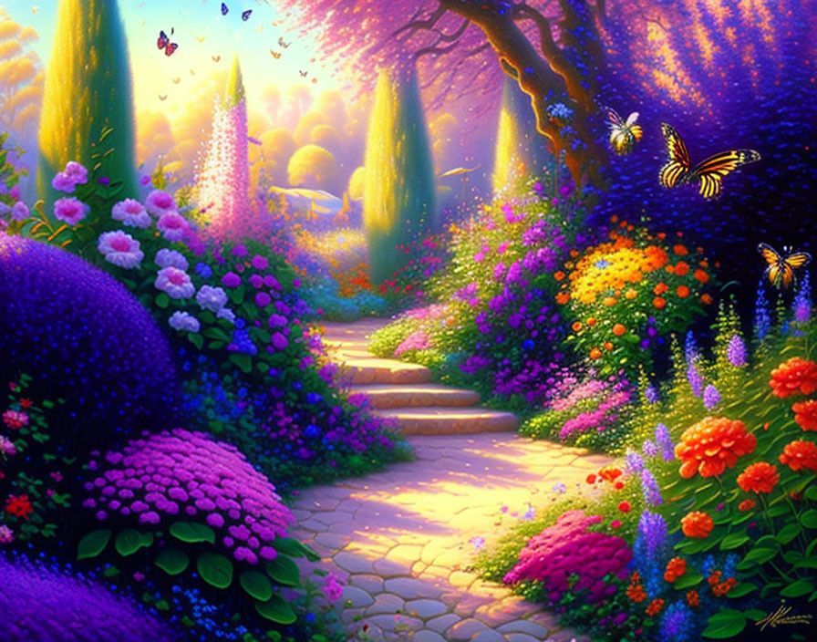 Lush Purple and Pink Flower Garden Path Under Sunlit Sky