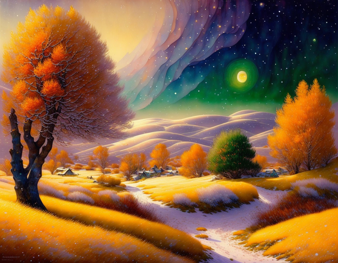 Vivid autumn landscape with snow-covered path and starry night sky