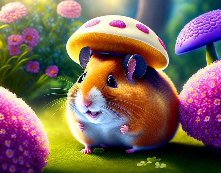 Colorful Mushroom Cap Guinea Pig in Enchanting Forest