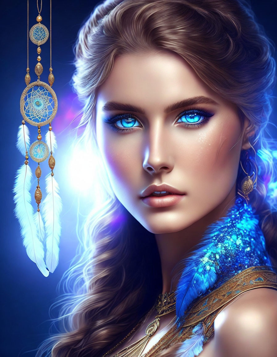 Portrait of Woman with Blue Eyes and Dreamcatcher on Blue Background